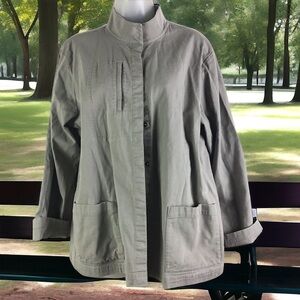 Eileen Fisher Taupe Twill Snap Front Chore Jacket Women’s Medium Stand Up Collar